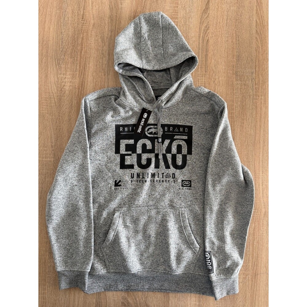 Ecko Unltd Men's True Grey and Black Pullover Fleece Hoodie Long Sleeve L Winter